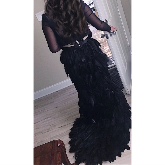 Feather Long Maxi Prom Embellished Gown Dress - Picture 8 of 12